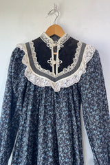 Vintage Gunne Sax Black Blue Floral Velvet Dress Selected by The Curatorial Dept.