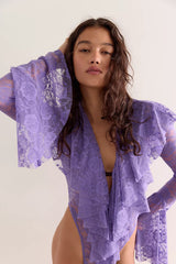 Norma Kamali Long Sleeve Deep V Ruffle Bodysuit