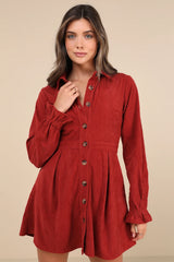 Autumn Mood Dark Brown Corduroy Mini Dress With Pockets