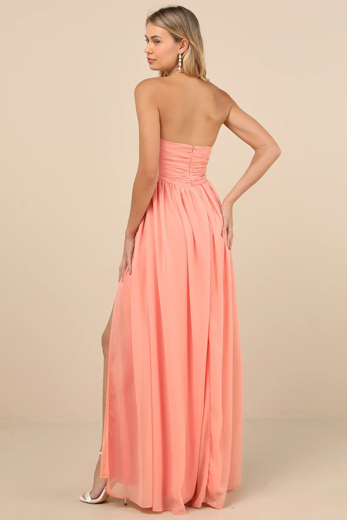 Luxe Favorite Peach Pink Strapless Ruched Maxi Dress