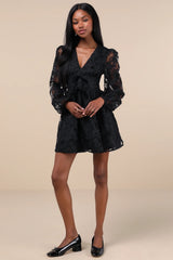 Gorgeous Outcome Black Mesh 3D Applique Long Sleeve Mini Dress