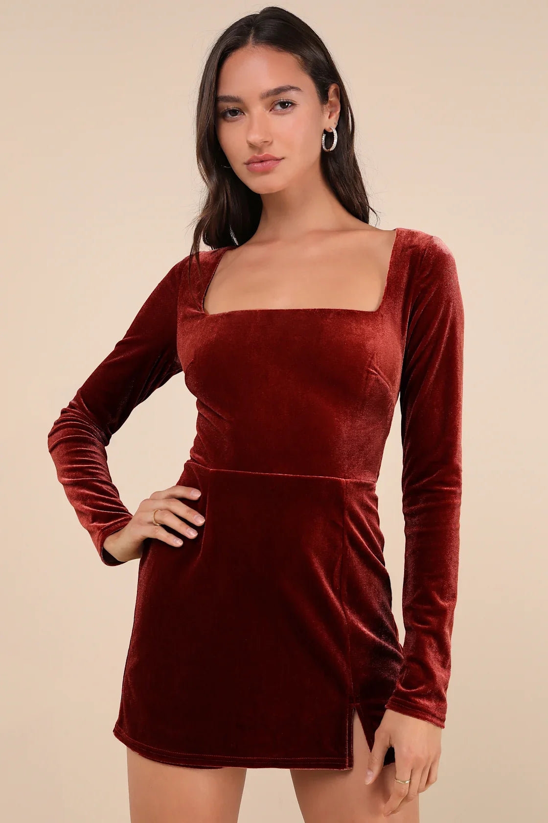 Admirable Aura Rust Velvet Long Sleeve Skort Romper