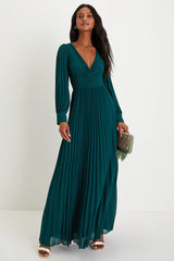 Sophisticated Grace Slate Blue Pleated Long Sleeve Maxi Dress