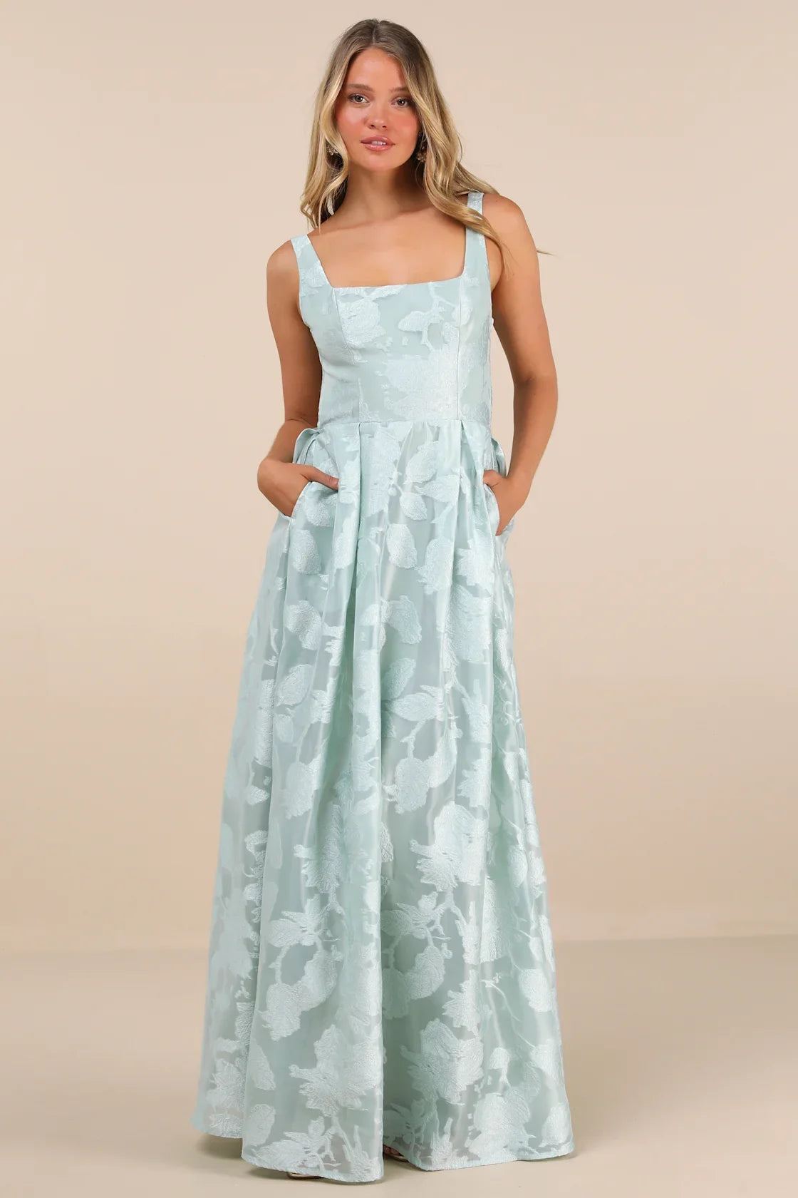 Perfected Aura Navy Jacquard Tie-Back Maxi Dress with Pockets