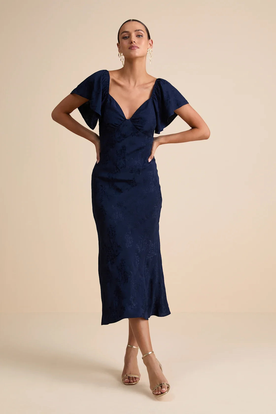 Effervescent Afternoon Green Satin Flutter Sleeve Midi Dress