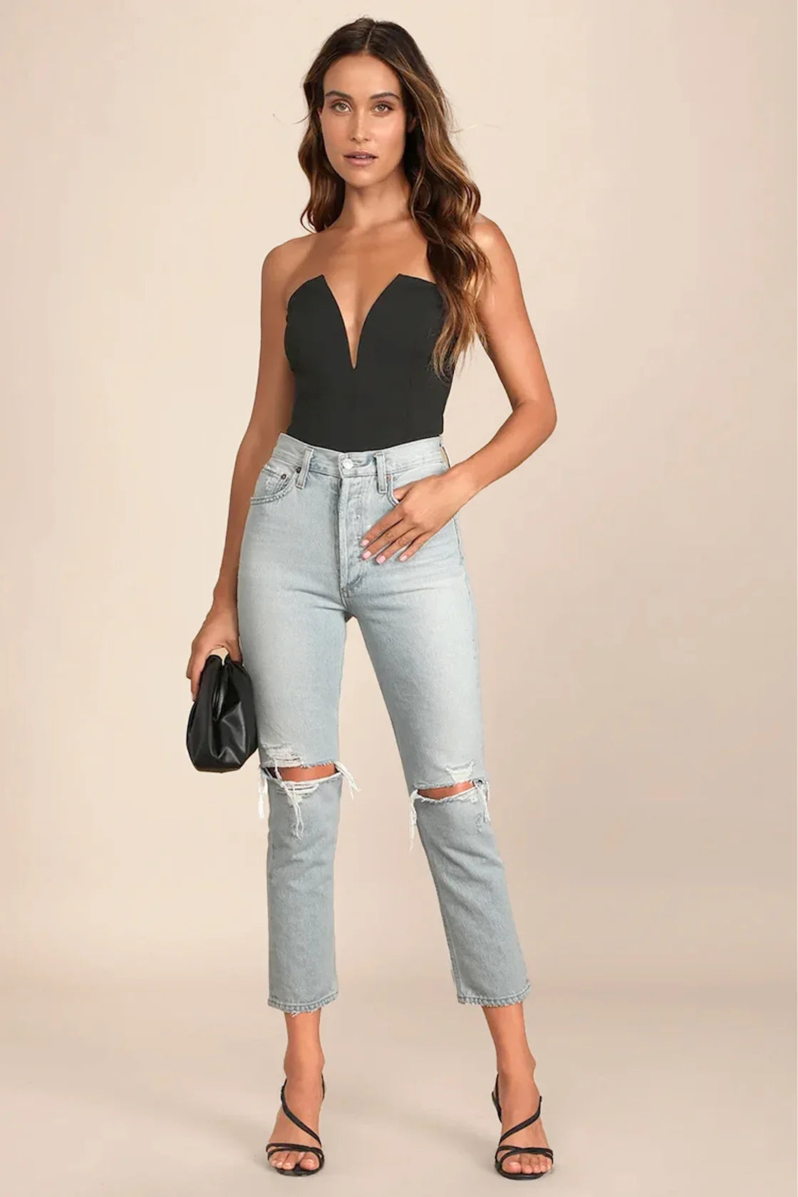 Babe Alert Black Notched Strapless Bodysuit