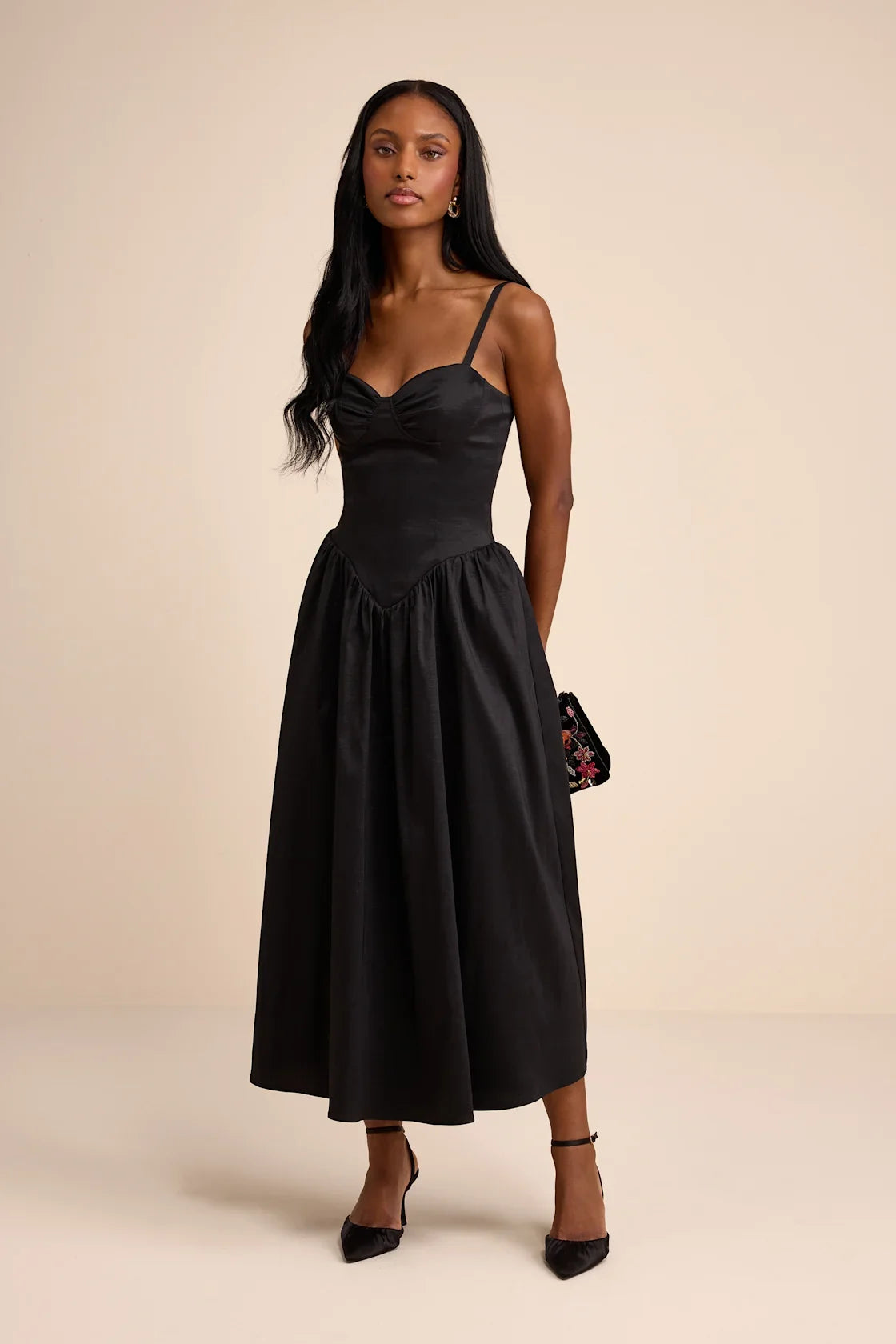 Goodwin Black Taffeta Tie-Strap Bustier Midi Dress