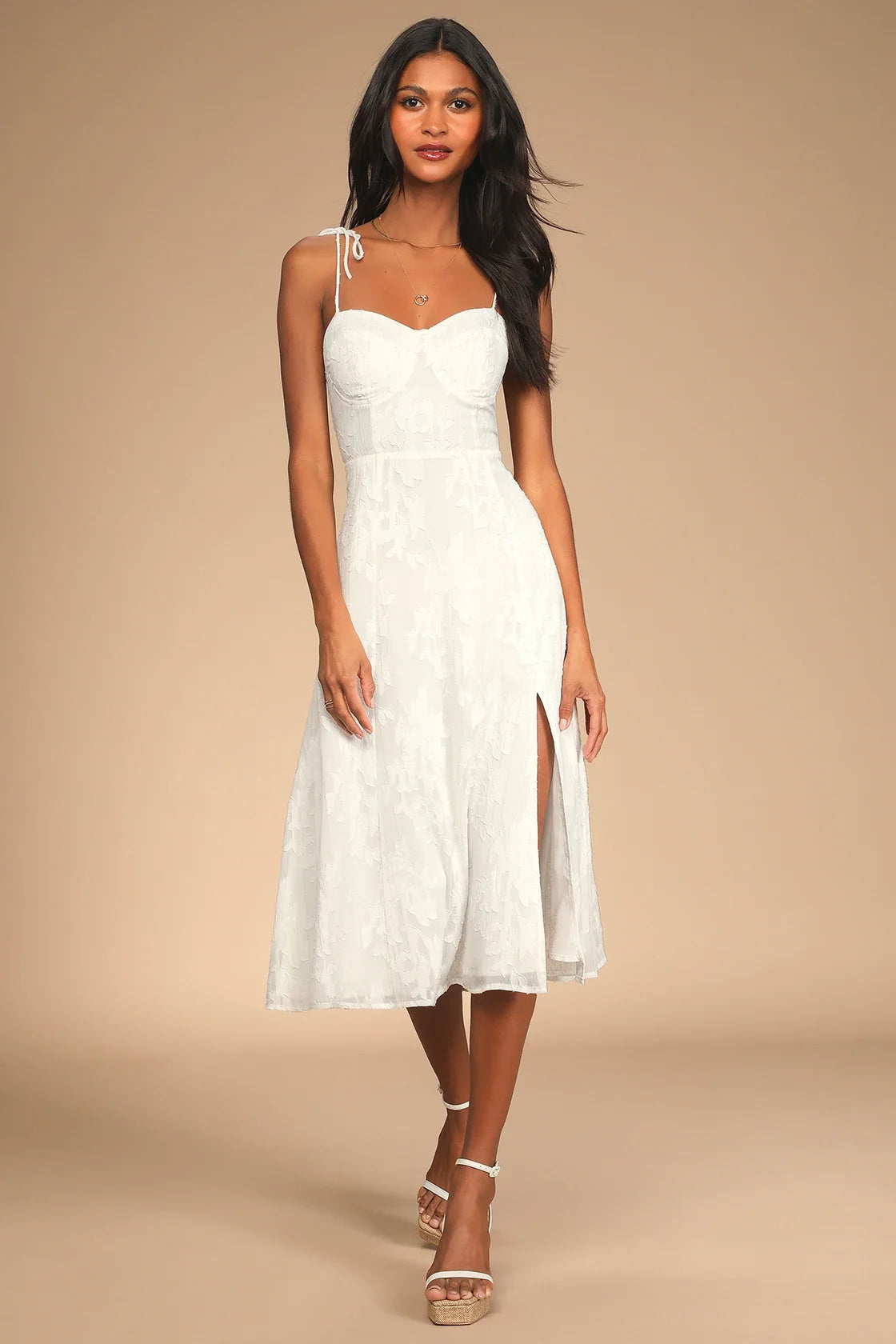 Loveliest Looks Navy Blue Floral Jacquard Tie-Strap Midi Dress