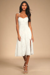 Loveliest Looks Navy Blue Floral Jacquard Tie-Strap Midi Dress