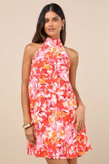 Tied Back To You Red and Pink Floral Print Mini Shift Dress