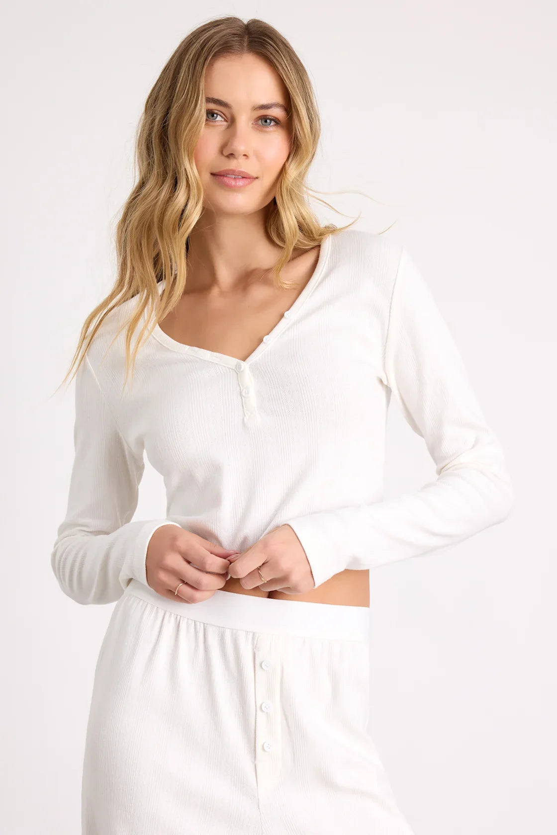 Missy Ivory Ribbed Knit Long Sleeve Two-Piece Pajama Set