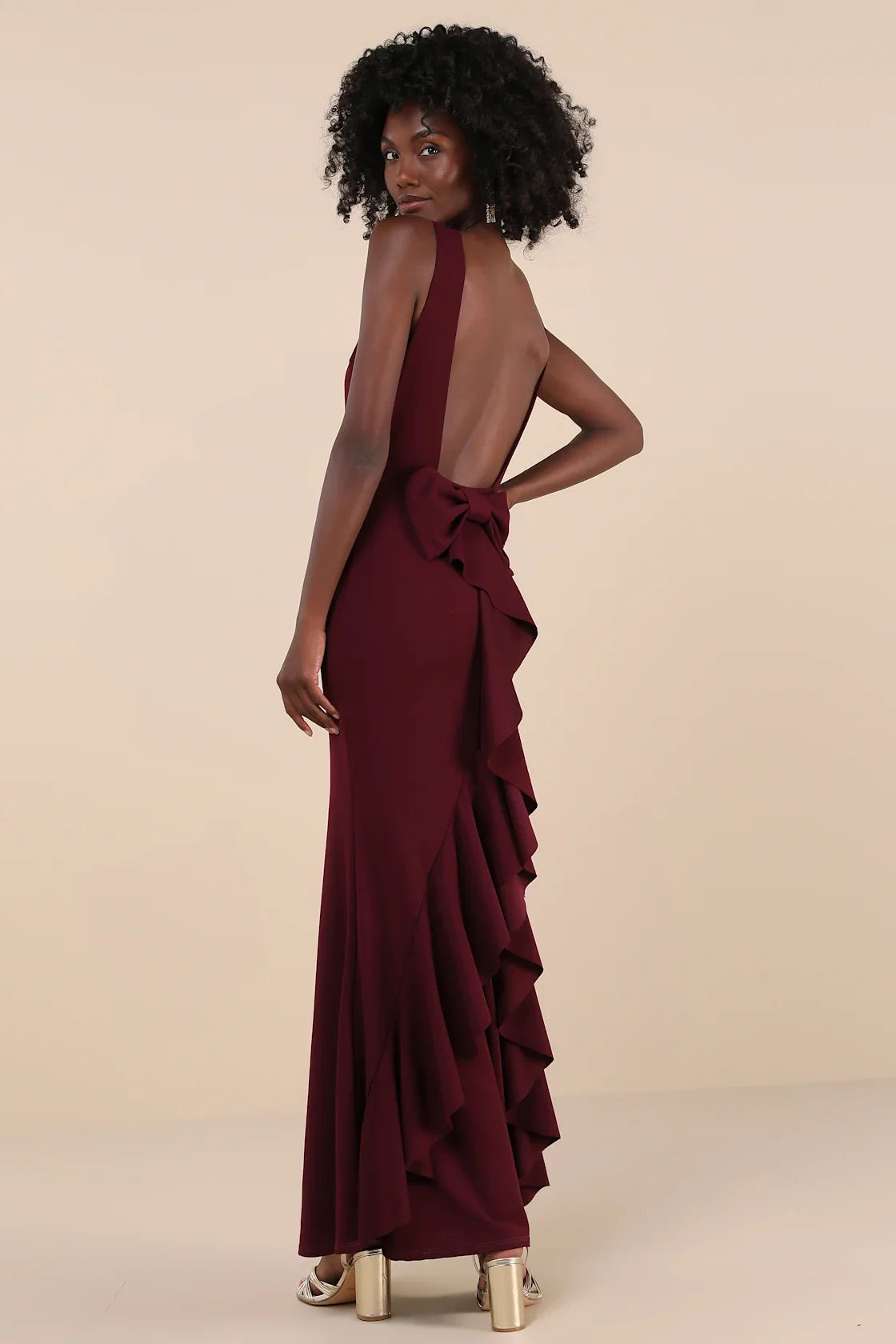 Exquisite Refinement Red Backless Bow Ruffled Maxi Dress