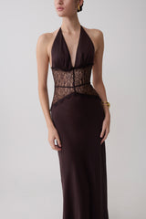 Dinah Lace And Satin Maxi Dress - Chocolate