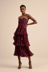 Hadelyn Wine Red Floral Pleated Tiered Midi Dress
