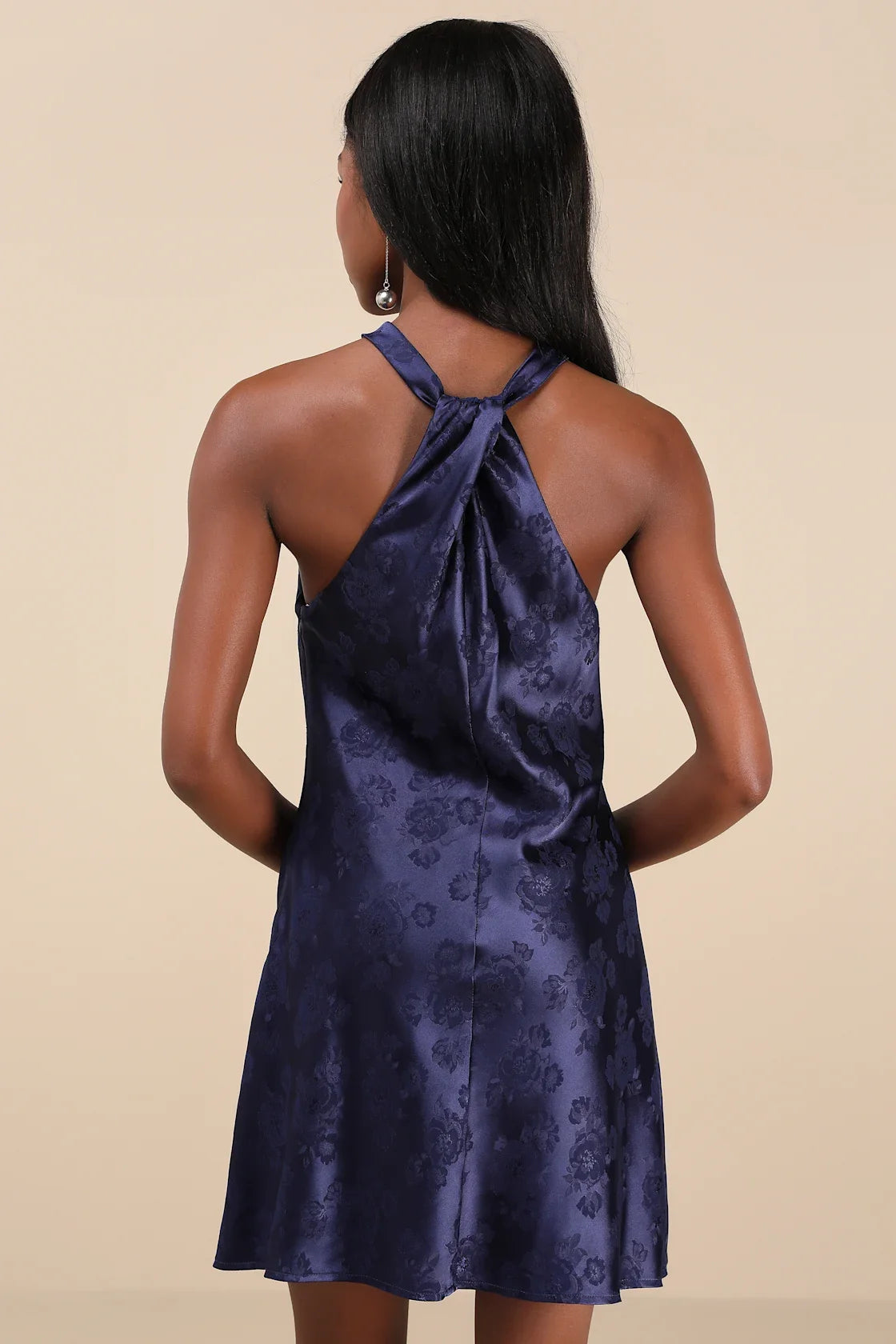 Got the Key Rust Satin Floral Jacquard Halter Mini Dress