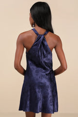 Got the Key Rust Satin Floral Jacquard Halter Mini Dress
