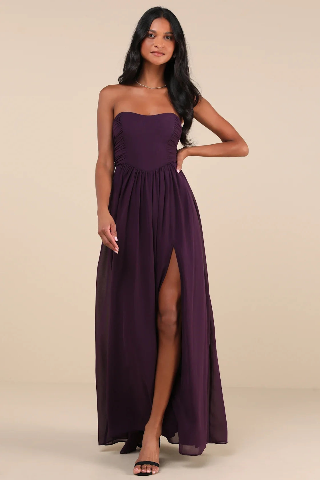 Luxe Favorite Peach Pink Strapless Ruched Maxi Dress