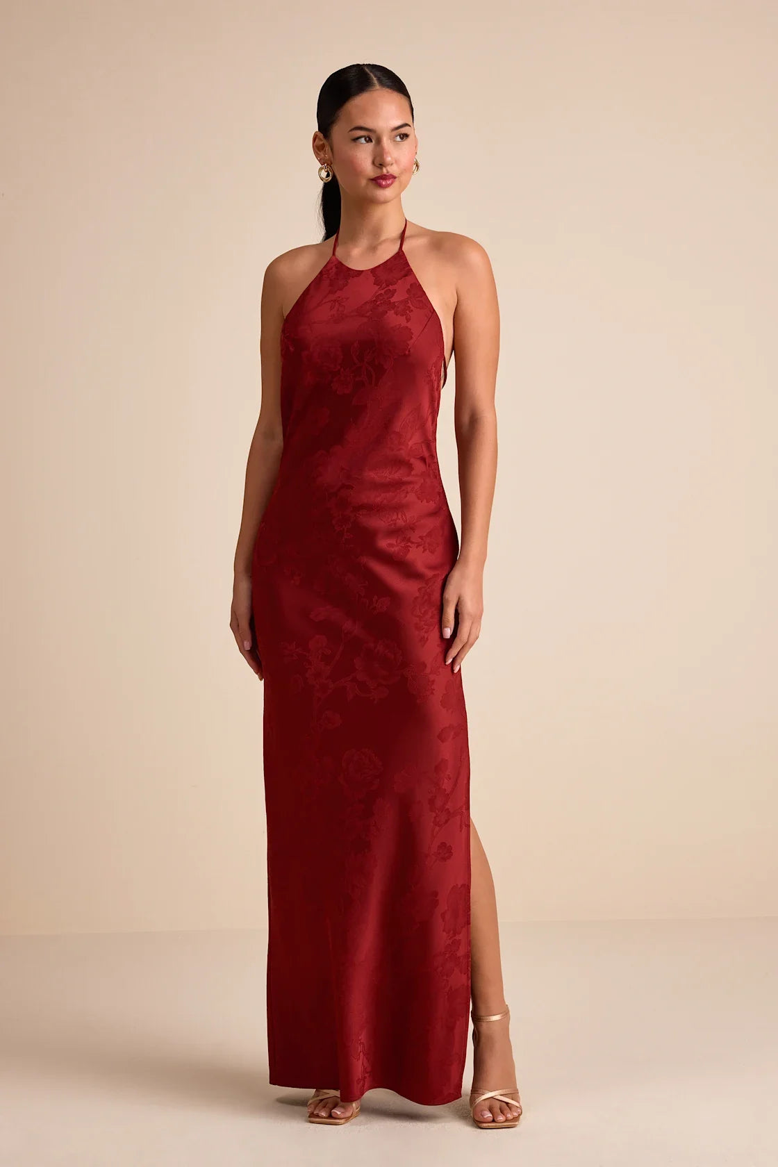 Ayura Rust Red Satin Jacquard Tie-Back Halter Maxi Dress