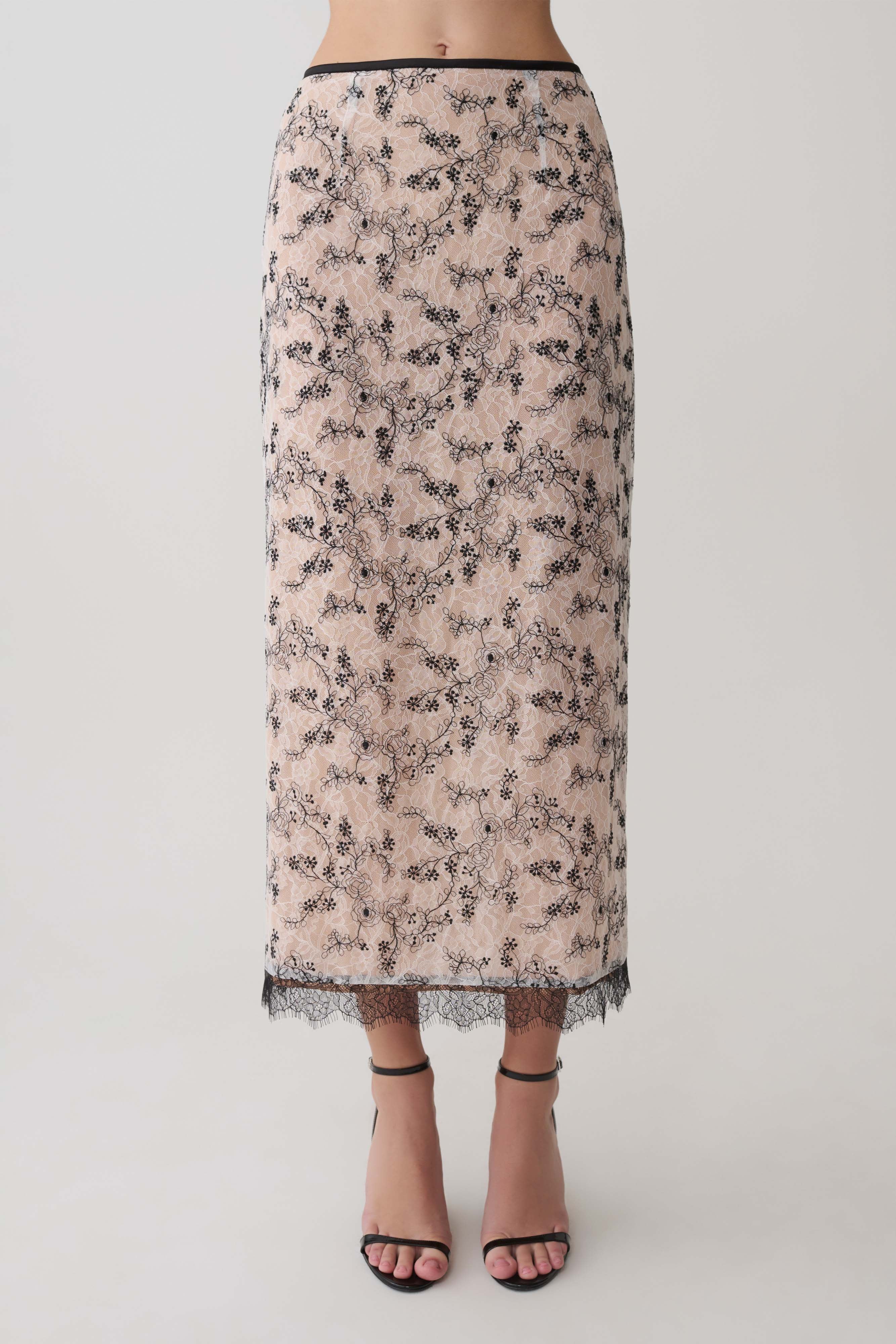 Kimberly Lace Pencil Midi Skirt - Nude Lace