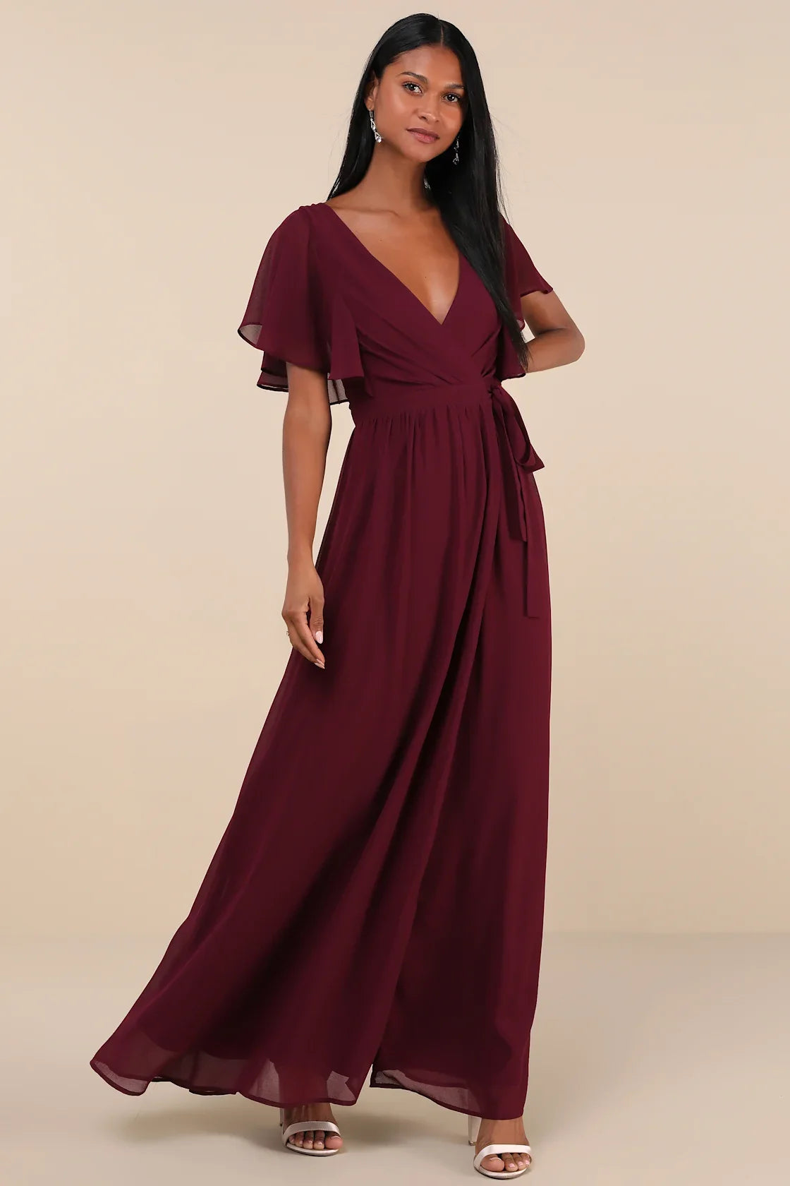 Convincing Grace Light Blush Flutter Sleeve Wrap Maxi Dress