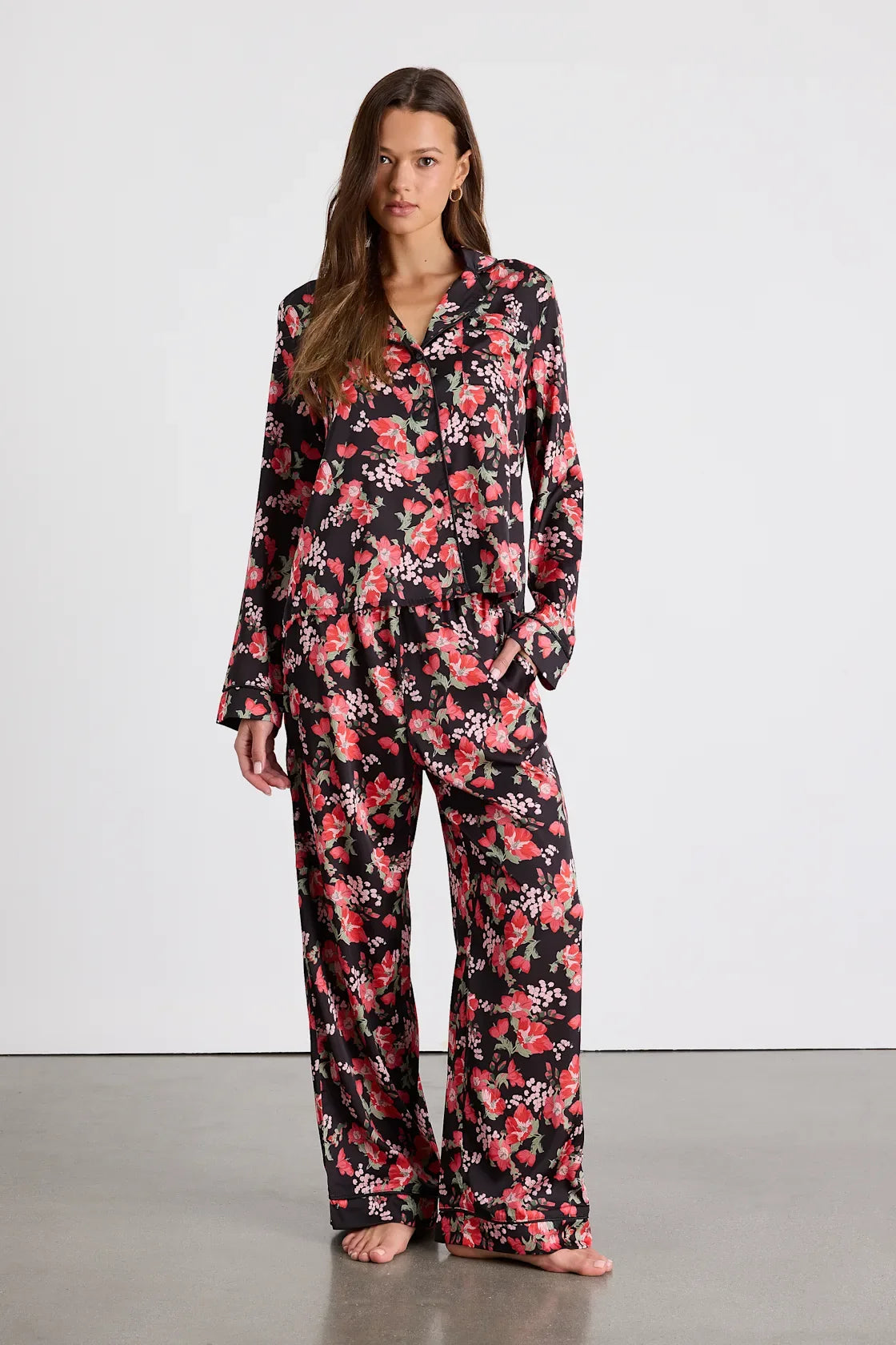 Galette Cream Multi Floral Satin Two-Piece Pajama Set