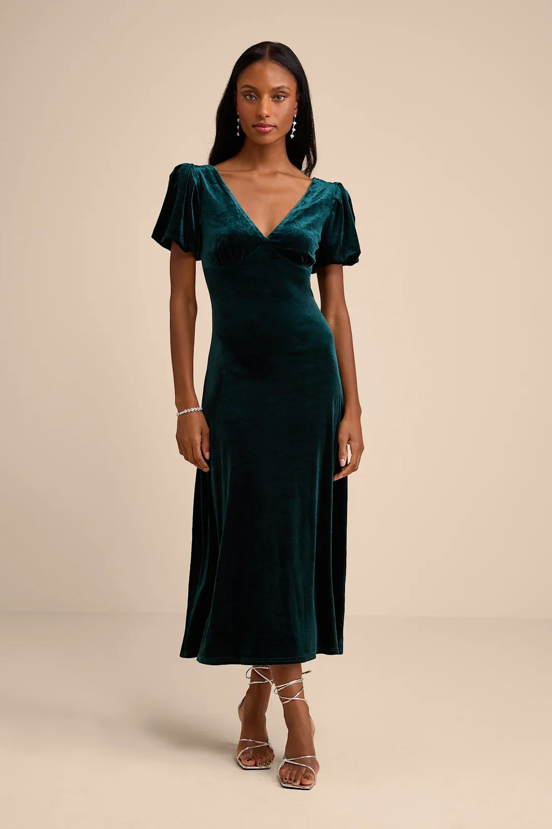 Obrissa Slate Blue Velvet Puff Sleeve Tie-Back Midi Dress