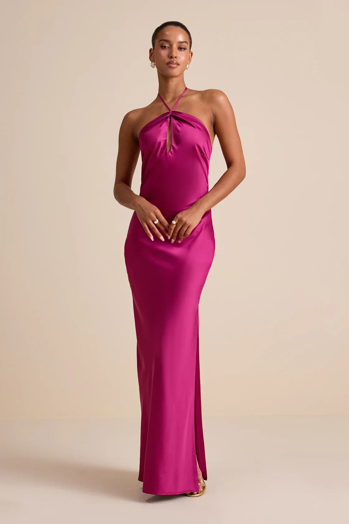 Gracie Magenta Satin Halter Neck Maxi Dress
