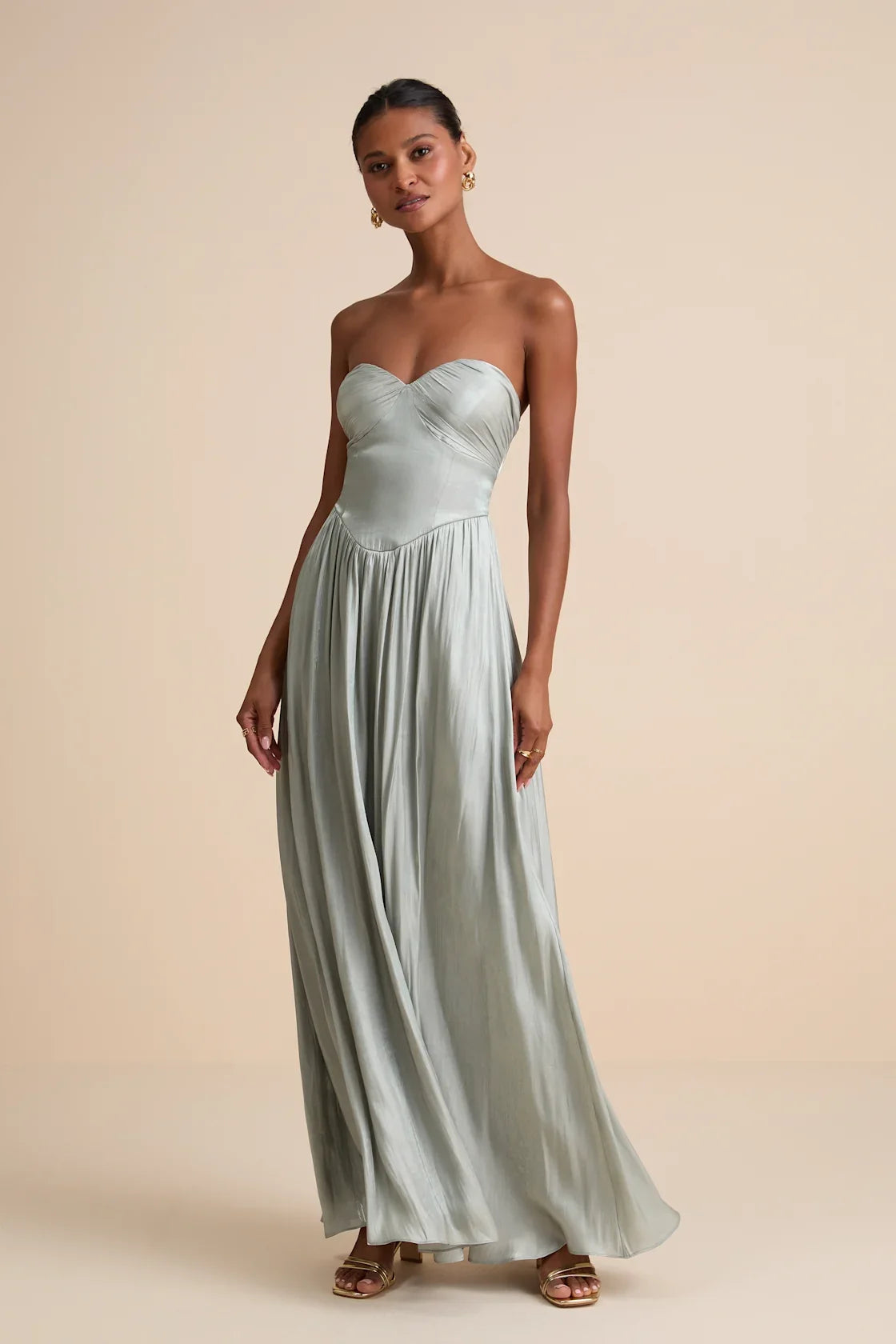 Kylin Sage Satin Basque Waist Maxi Dress