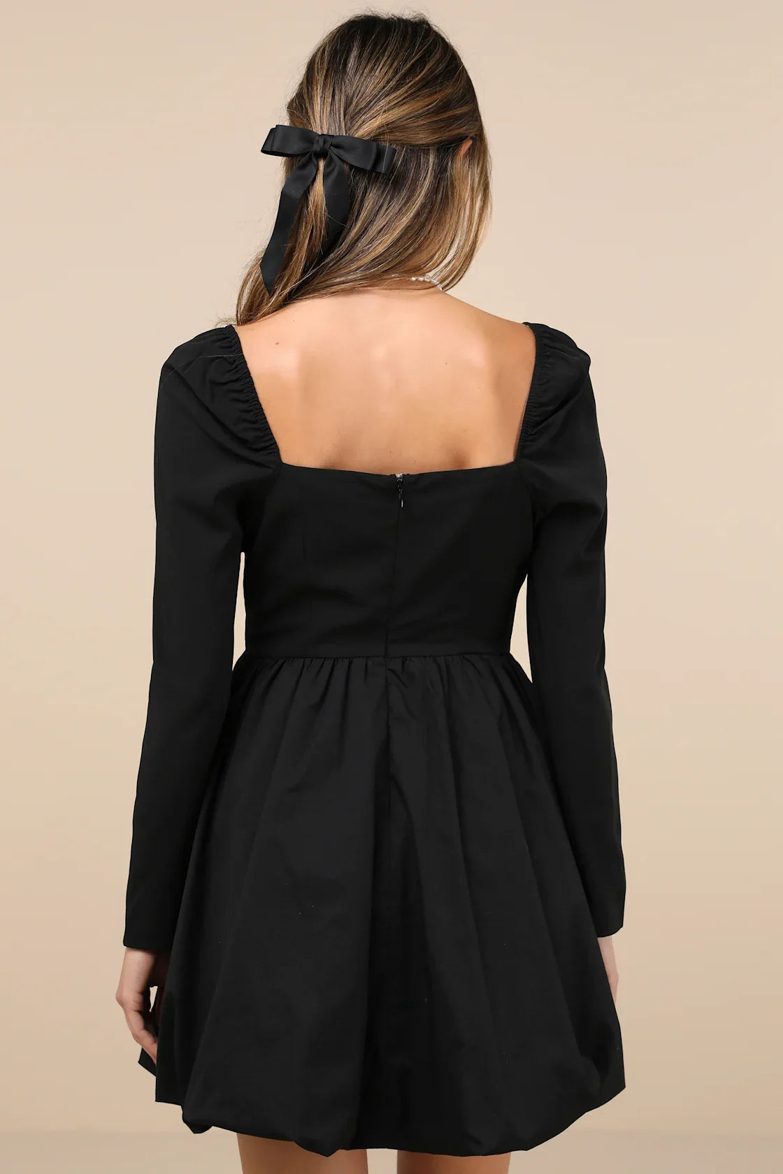 Darling Picture Black Bow Long Sleeve Bubble-Hem Mini Dress
