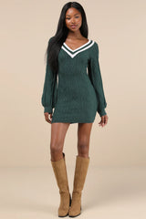 Inviting Poise Green and White Cable Knit Sweater Mini Dress