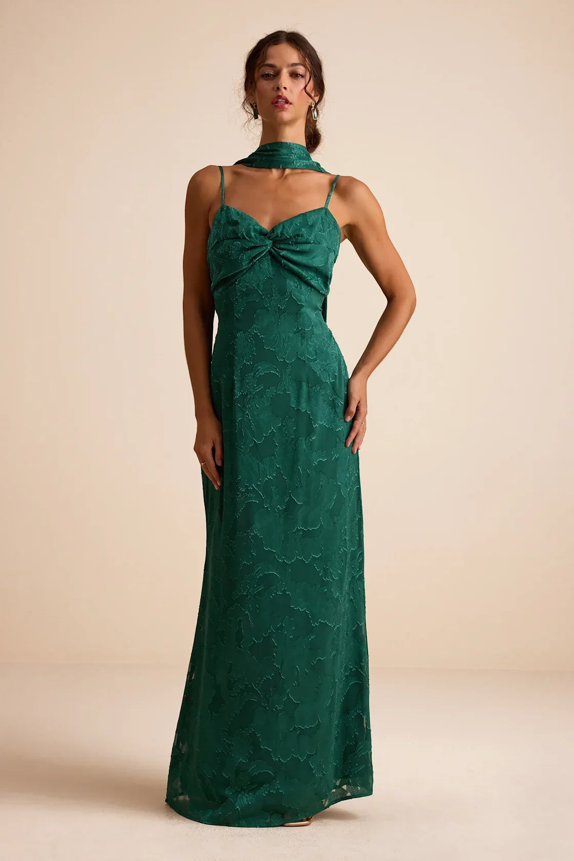 Rashona Emerald Green Burnout Sash Scarf Maxi Dress