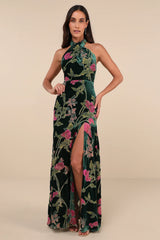 Flawlessly Gorgeous Green Burnout Floral Halter Maxi Dress