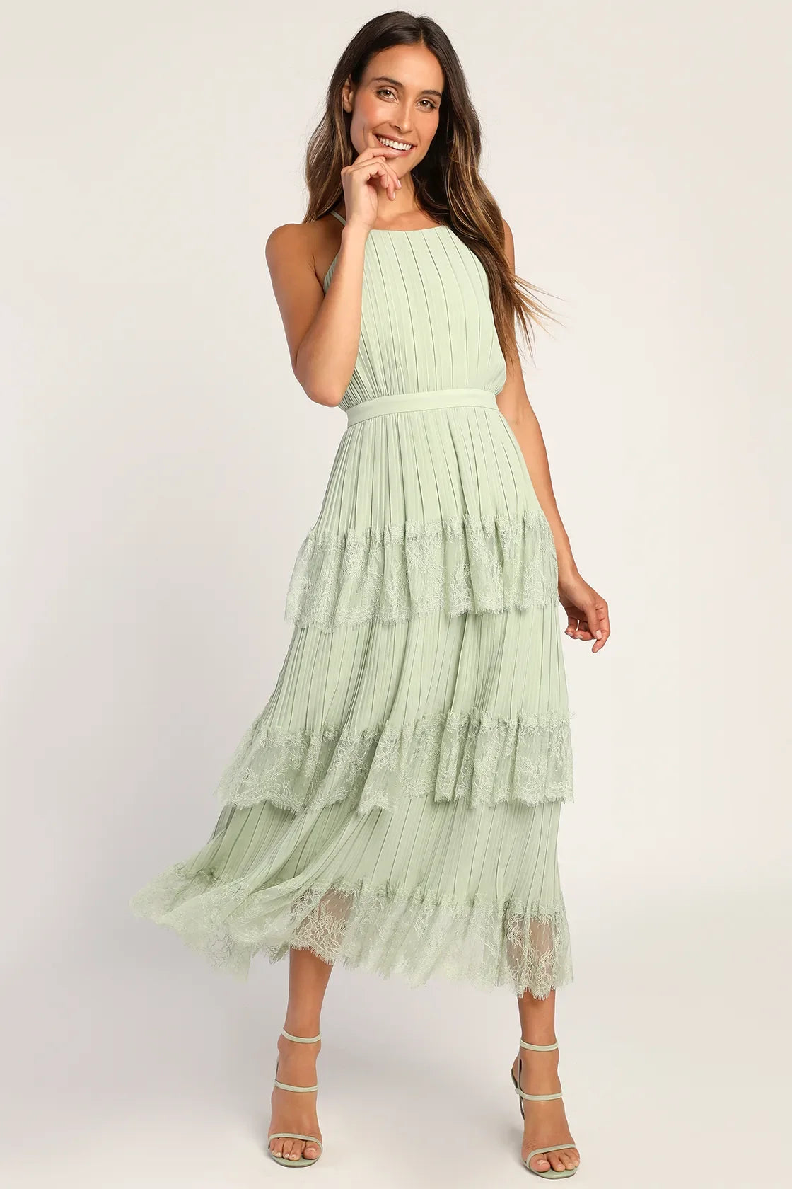 Came For Cocktails Light Blue Pleated Tiered Lace Maxi Dress