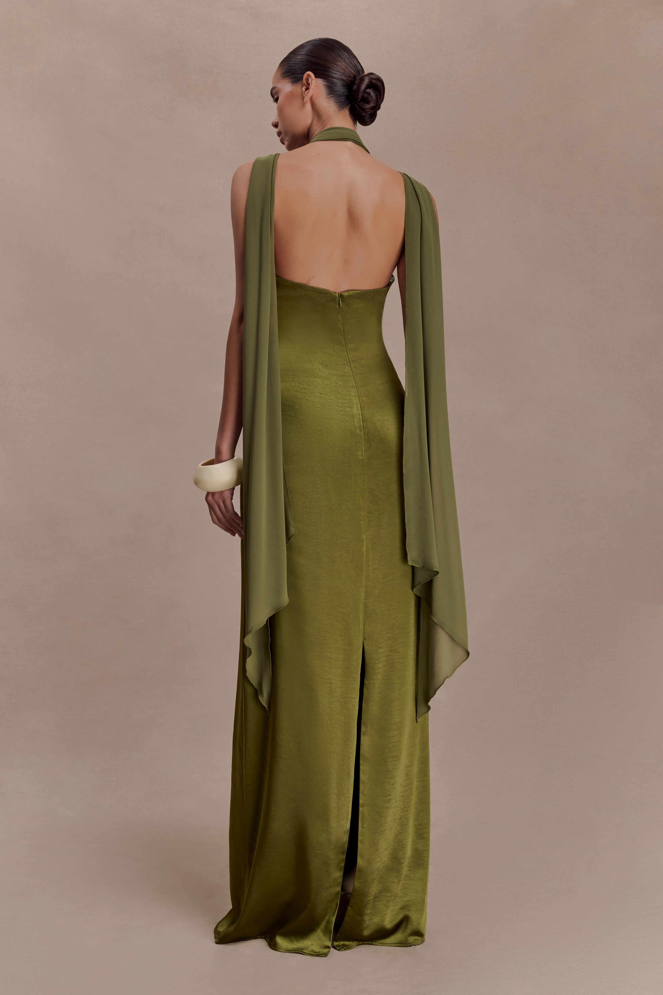Myla Draped Shoulders Satin Maxi Dress - Khaki