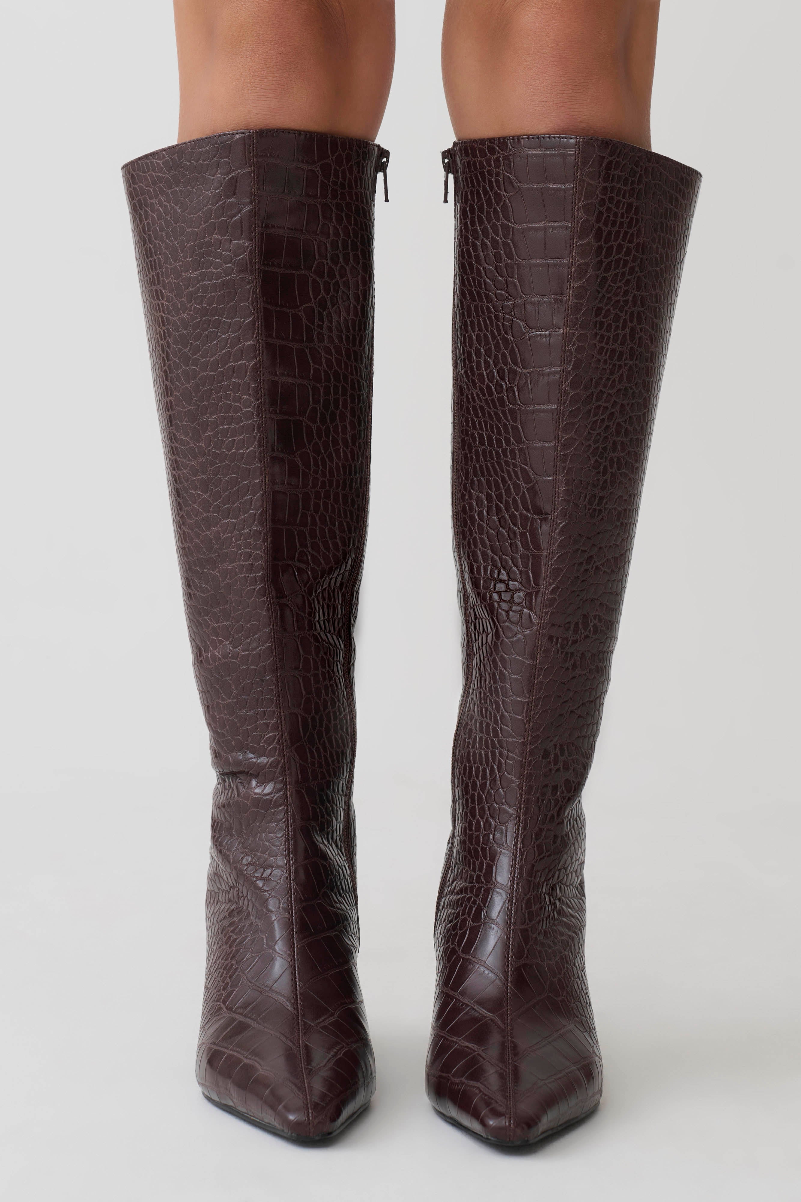 Sarah Faux Leather Crocodile Boot - Chocolate