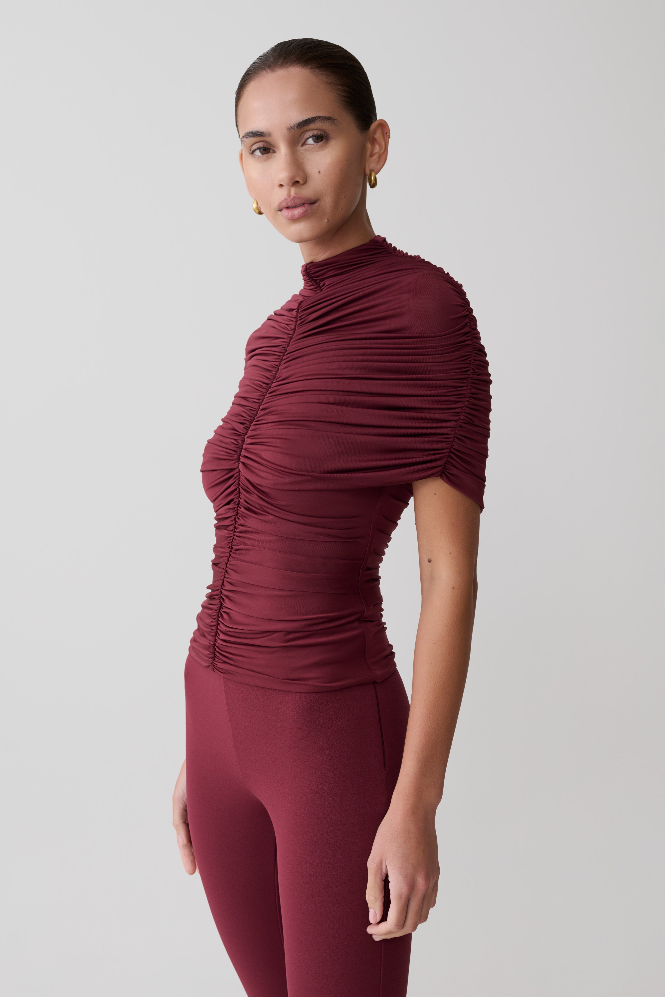 Linh Slinky High Neck Gathered Top - Mahogany