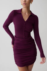 Agness Long Sleeve Button Up Knit Dress - Plum