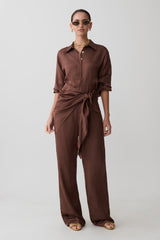 Gia Long Sleeve Satin Shirt - Chocolate