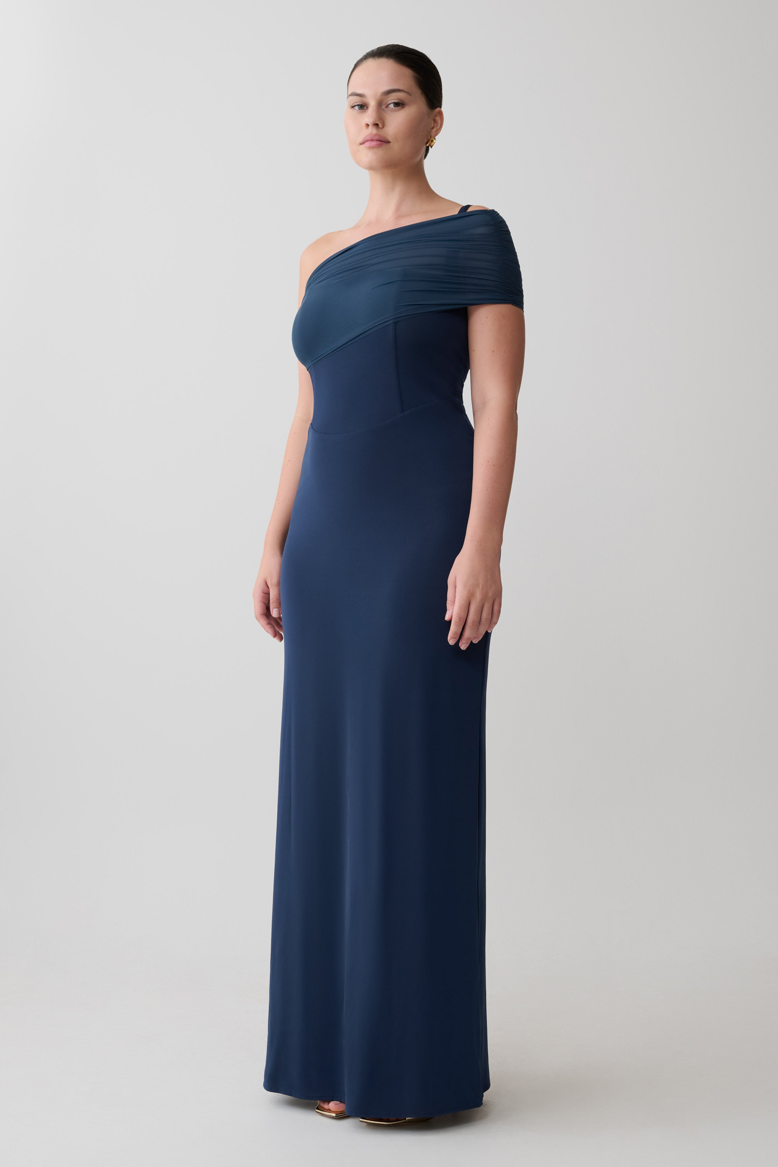 Hanh One Shoulder Mesh Maxi Dress - Ink Blue
