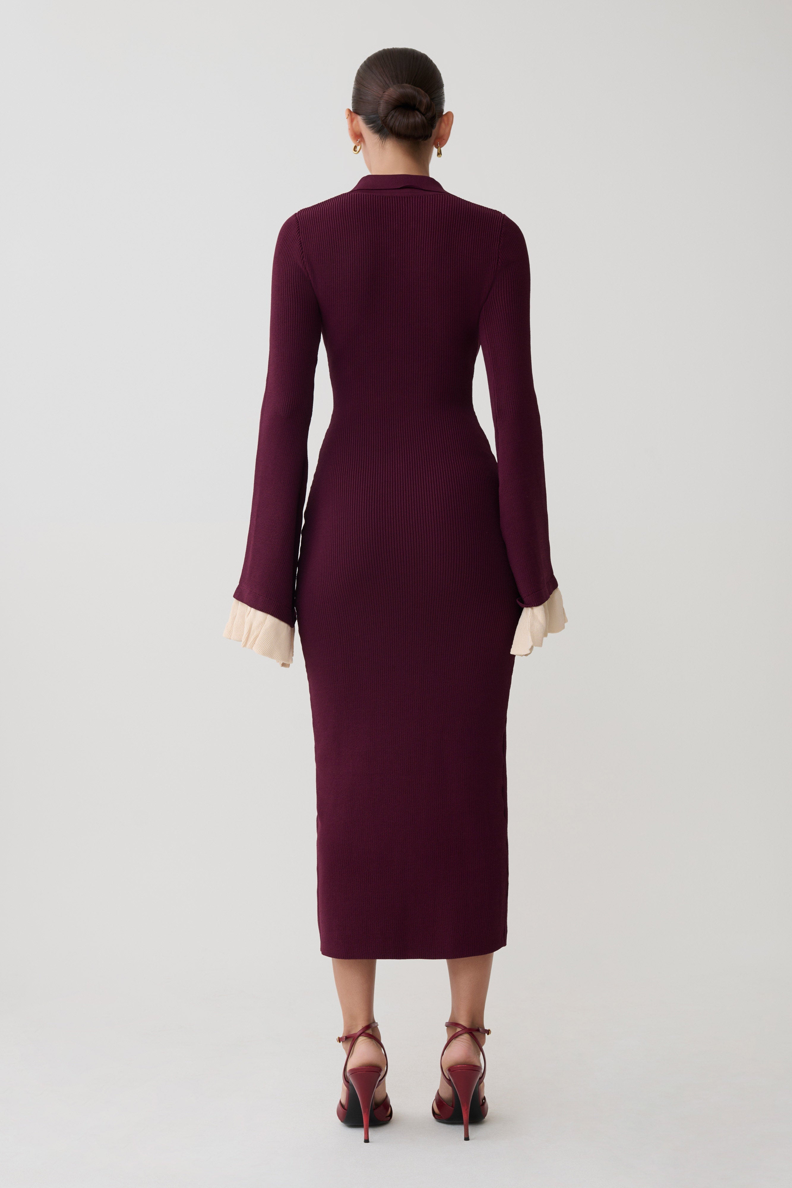 Amirose Ruffle Knit Midi Dress - Plum