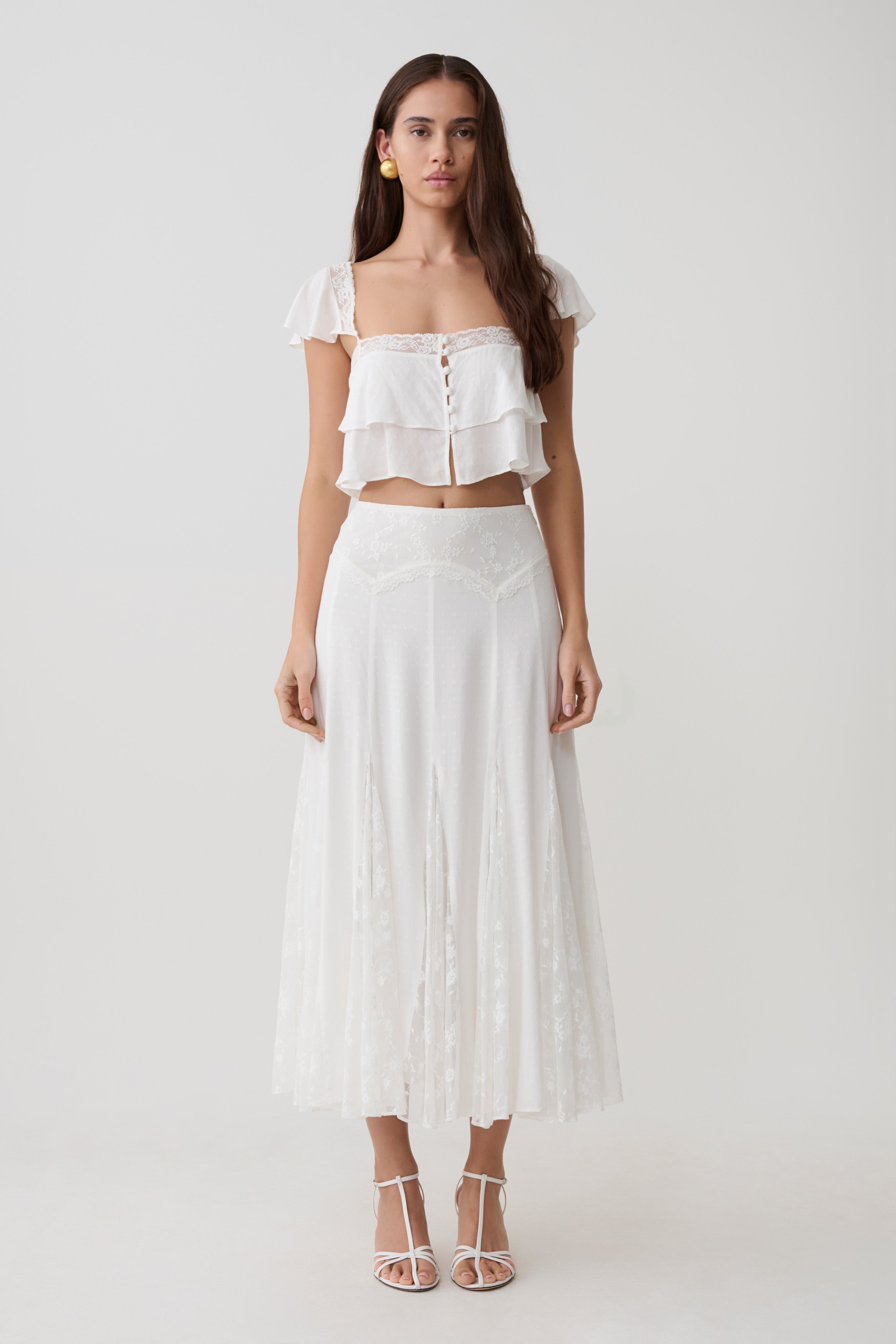 Skylar Lace Panelled Midi Skirt - White