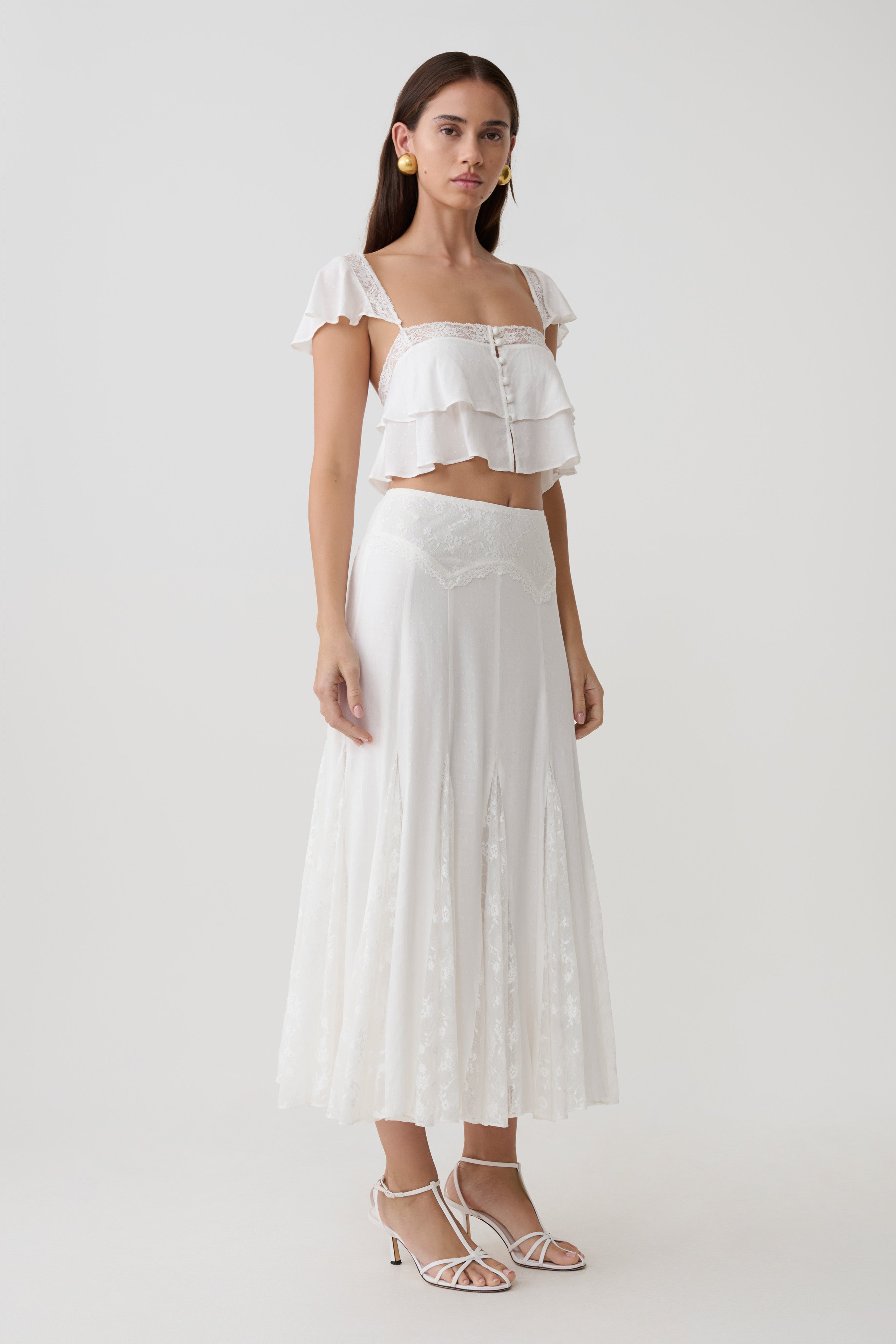 Skylar Lace Panelled Midi Skirt - White