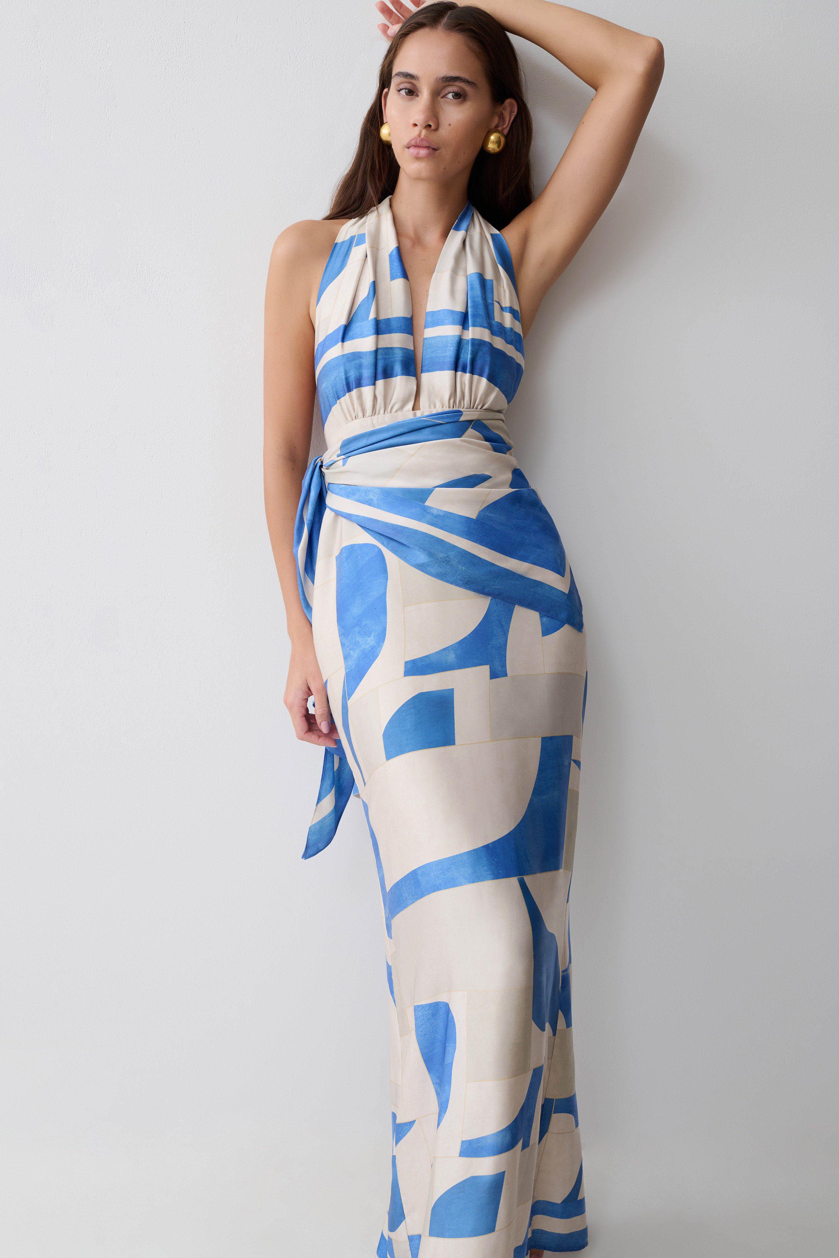 Gianna Satin Halter Maxi Dress - Blue Geo Tile Print