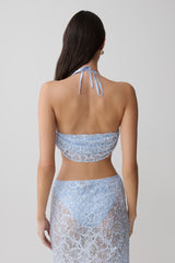 Kiara Pearl Beaded Cowl Crop Top - Powder Blue