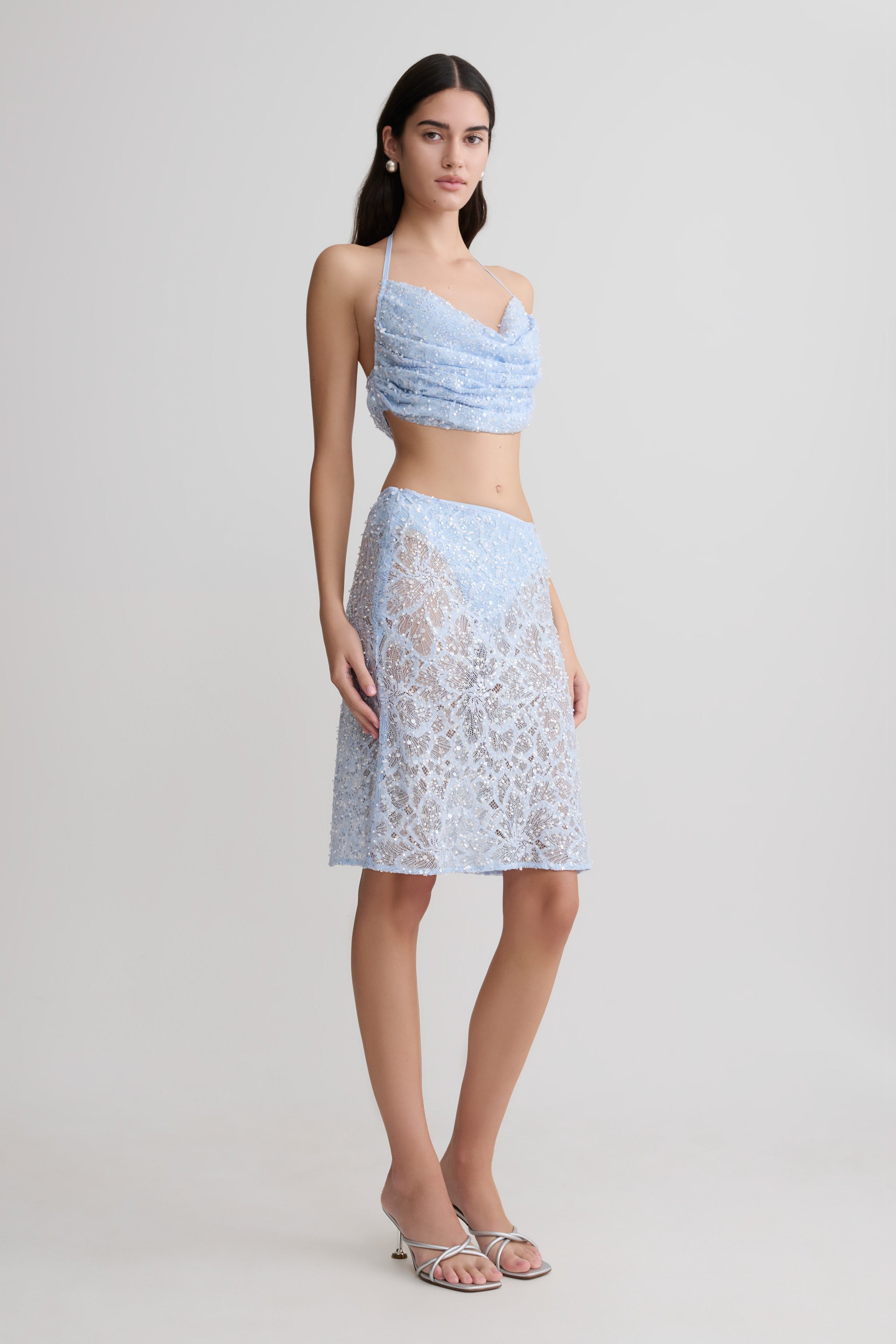 Kiara Pearl Beaded Midi Skirt - Powder Blue