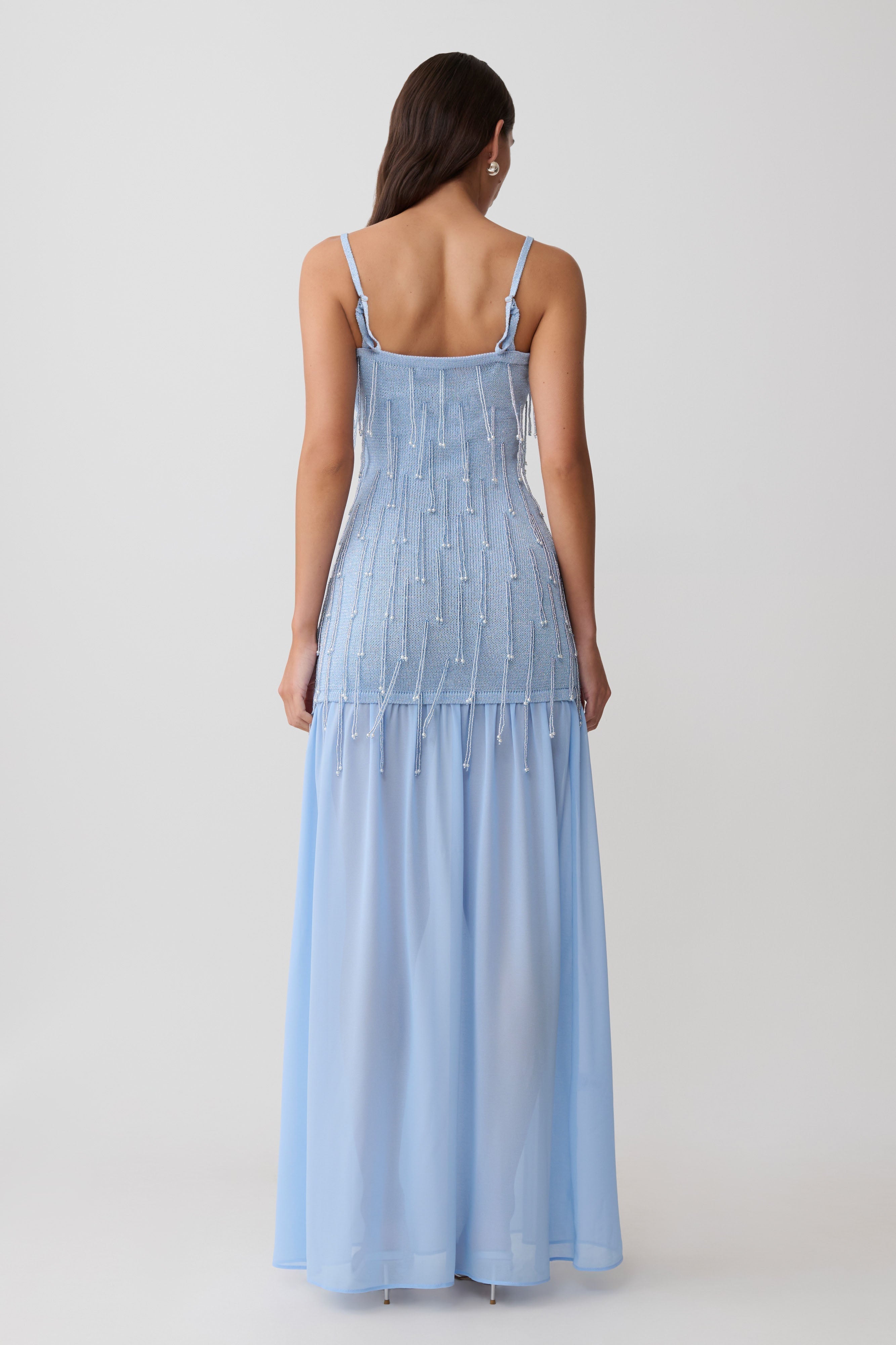 Belinda Beaded Knit & Chiffon Maxi Dress - Light Blue