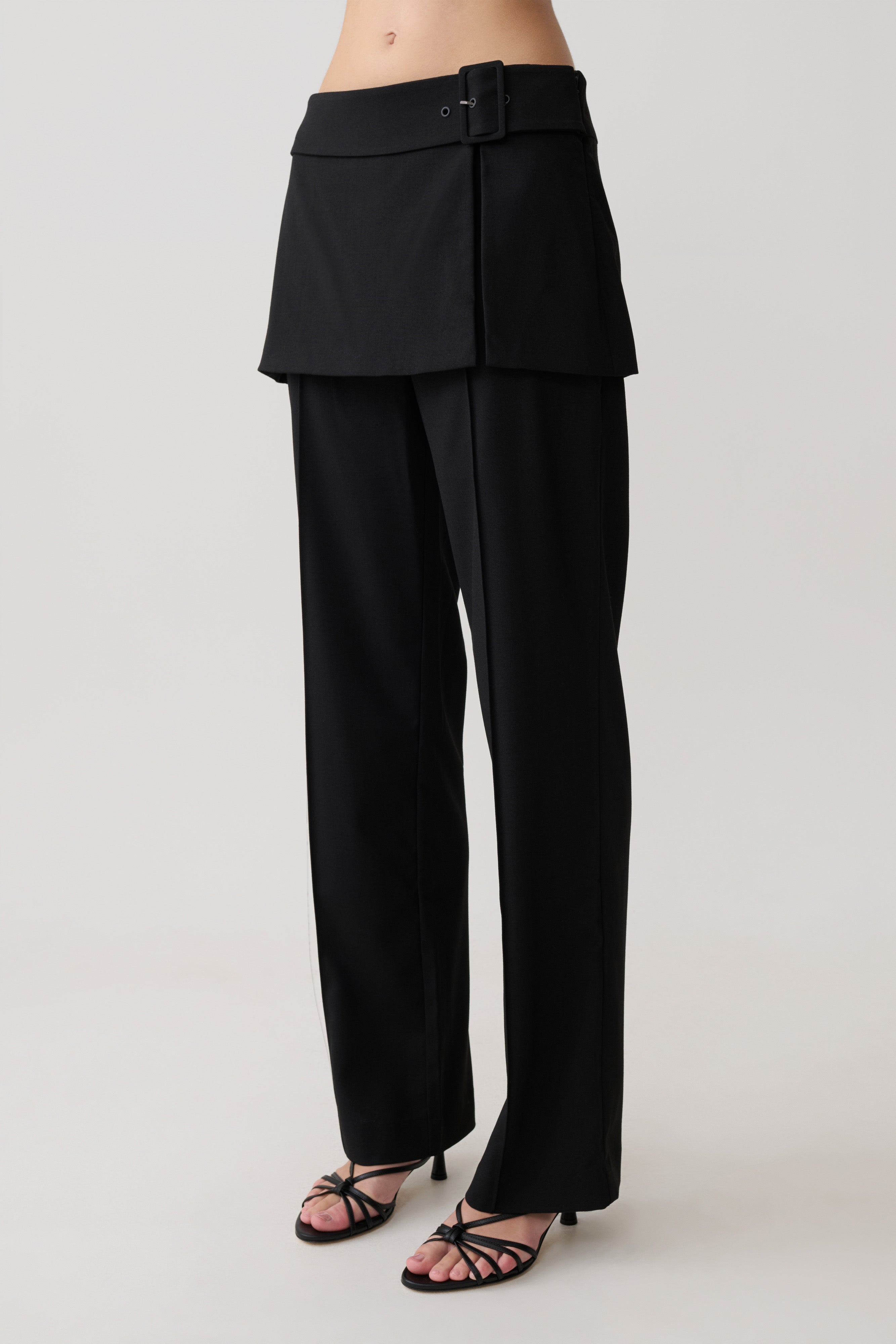 Daisy Wrap Skirt Straight Leg Pants - Black
