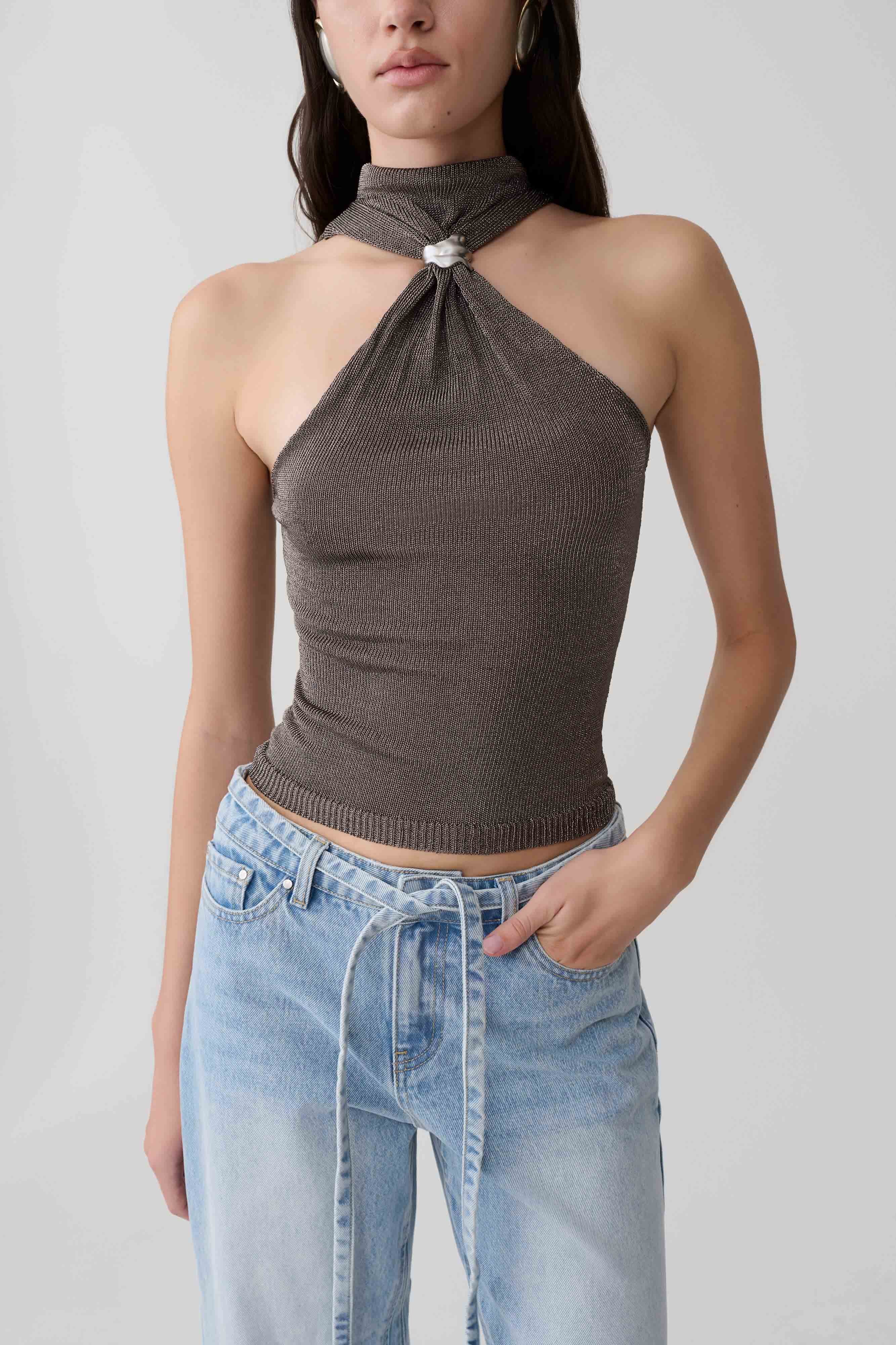 Nikki Lurex Top With Hardware - Gunmetal