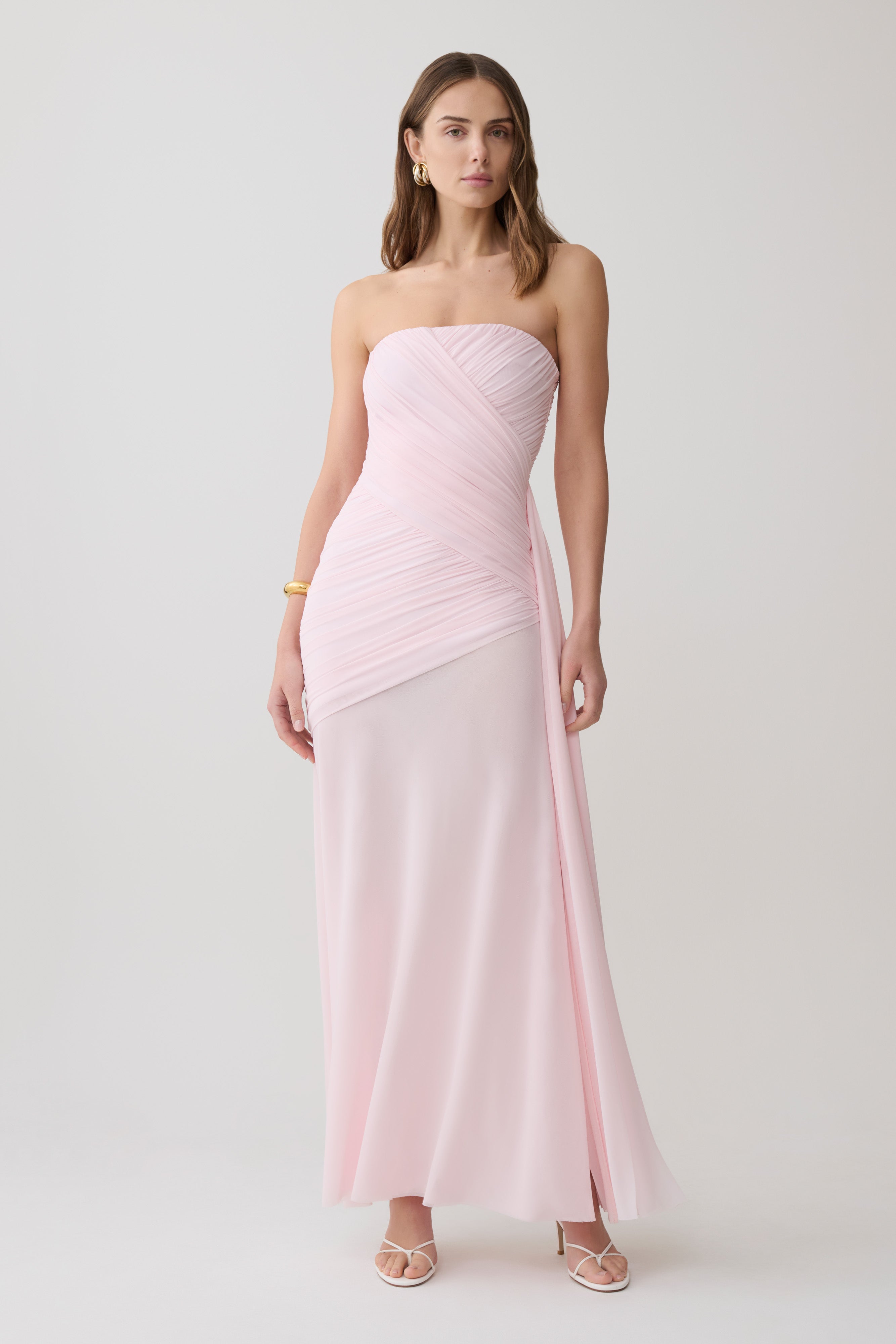 Monet Strapless Ruched Mesh Maxi Dress - Ballet Pink