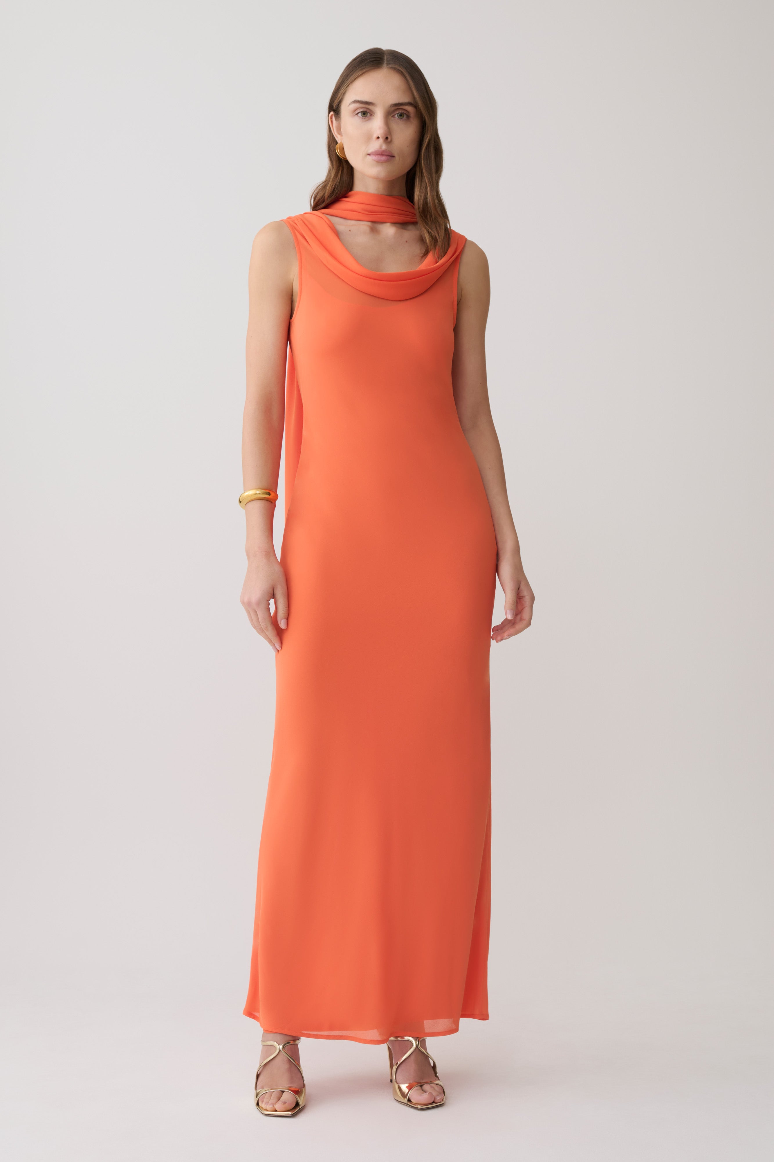 Dakota Chiffon Maxi Dress With Scarf - Orange